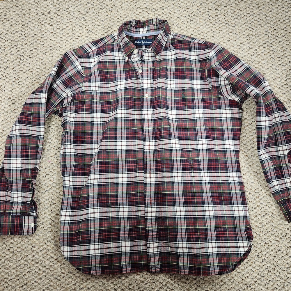 Ralph Lauren Shirt Mens L Red Green Plaid Flannel Classic‎ Fit Button Down